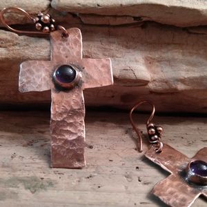 Copper and Amethyst Cross Earrings